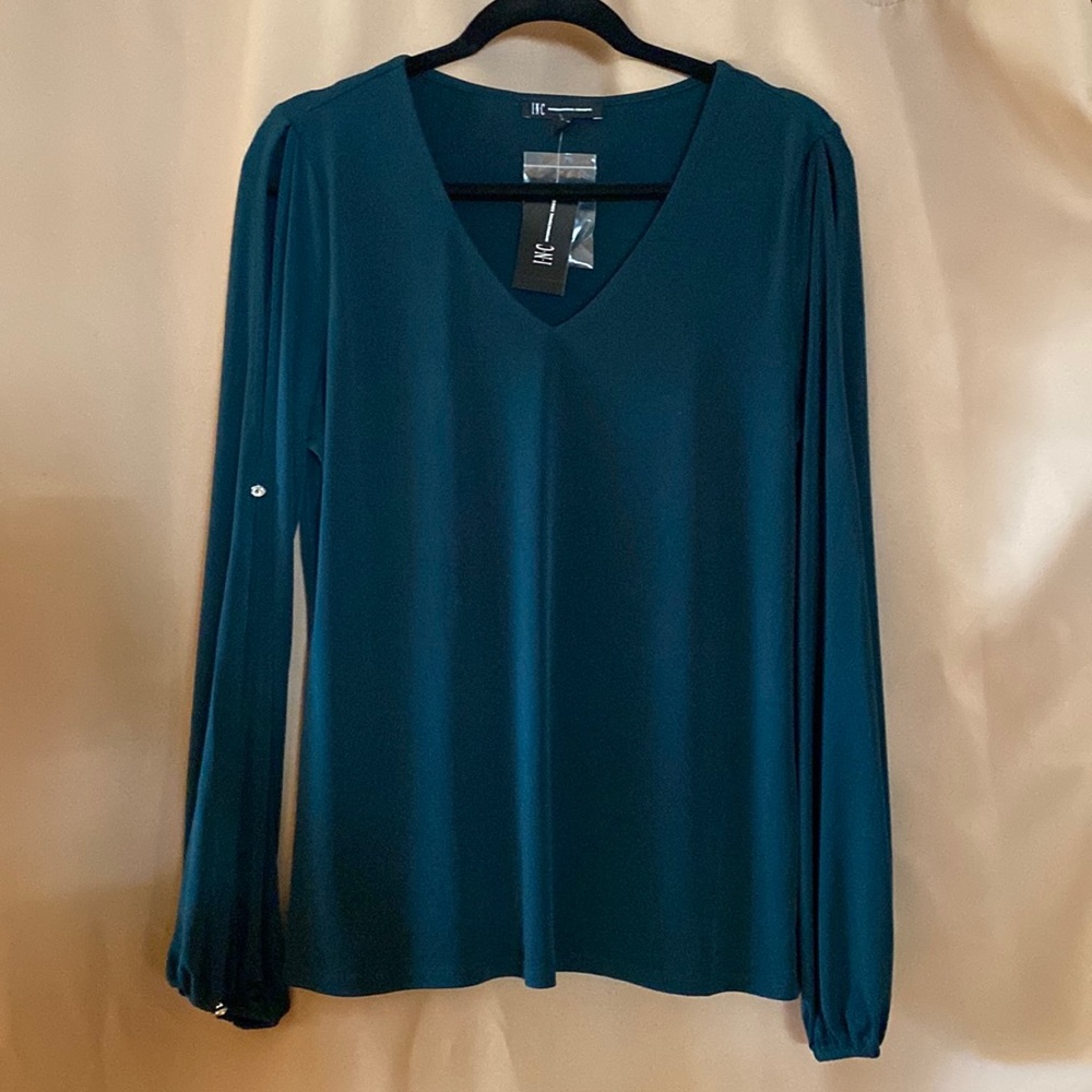 INC International Concepts V Neck Hunter Forest Long Sleeve Blouse